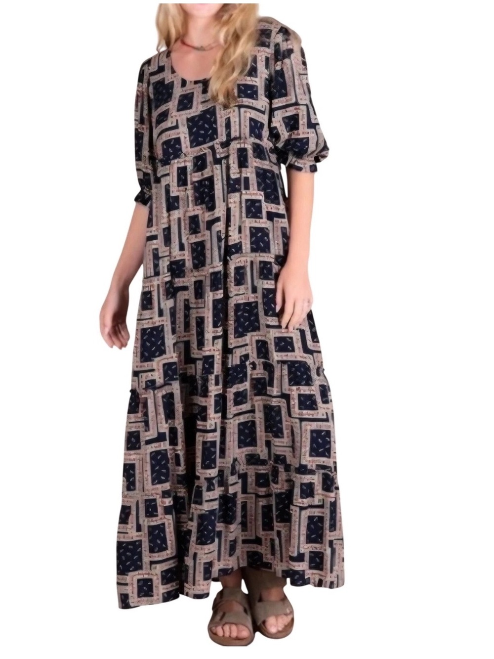 Natural Life Navy Floral Patchwork Tiered Maxi Dress Puff Sleeve Boho Small